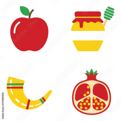 Rosh Hashanah symbols: an apple, honey, a shofar, and a pomegranate.