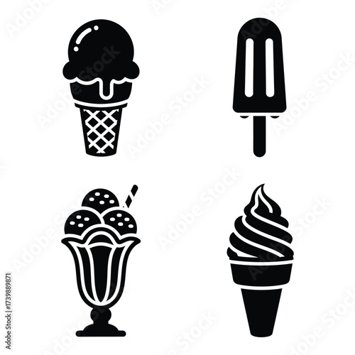 Set of four delicious black and white ice cream cone and popsicle icons for desserts and treats silhouette