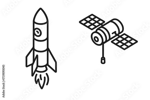 Black line icons of a launching space rocket and an orbiting communication satellite