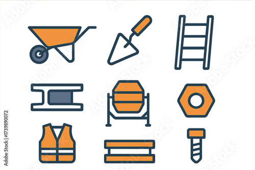 Collection of essential construction site tools and building equipment symbols and hardware components