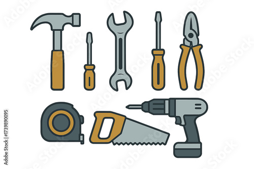 Essential set of construction, repair, and home improvement tools including hammer, wrench, and drill