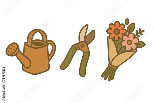Essential gardening supplies set with watering can, pruning shears, and fresh flower bouquet