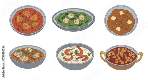 A collection of various Indian curry dishes illustration.