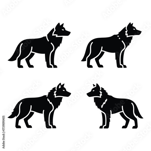 Set of four distinct black silhouette canine poses expressing power graceful stance animals wild nature representation silhouette