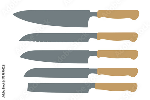 Professional kitchen cutlery set with five essential cooking knives and wooden handles