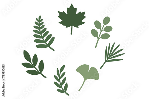 Stylized collection of diverse green leaves forming a decorative circular frame or botanical wreath