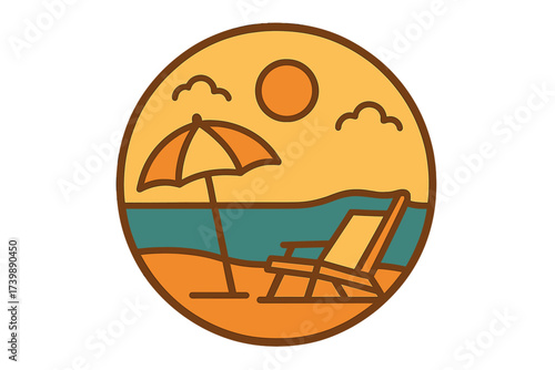 Retro beach scene badge with sun umbrella and lounge chair on the sand near the ocean