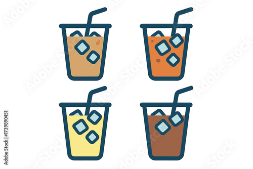 Assortment of refreshing cold drinks with ice cubes and straws in simple graphic style