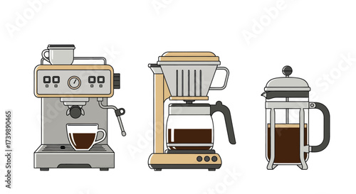 Collection of coffee makers espresso machine drip brewer and french press.