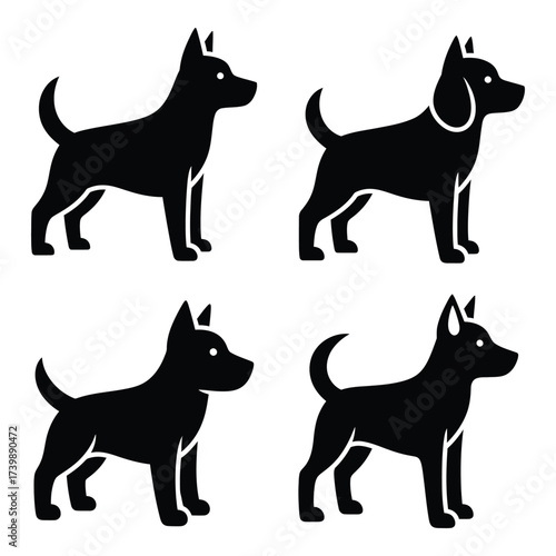 Four black dog silhouettes in profile diverse poses for pet lovers animal graphics and design projects silhouette