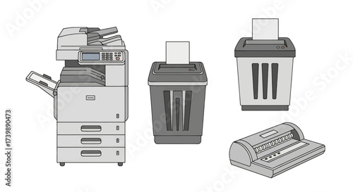 Set of office equipment illustrations including copier and shredders.