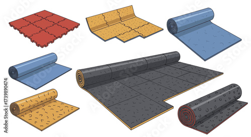 Various types of flooring underlayment rolls and interlocking tiles.
