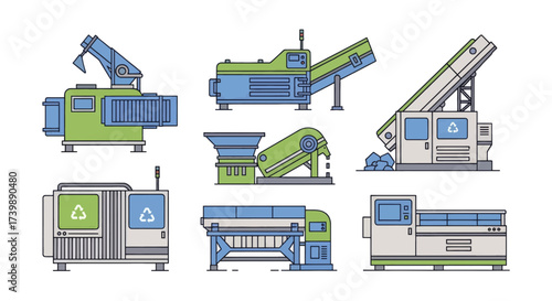 Set of industrial machines for waste recycling and processing plant equipment.