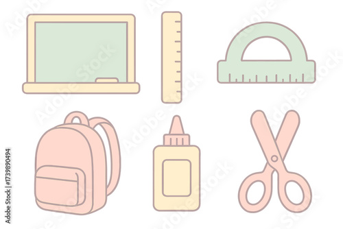 Collection of essential school supplies including backpack chalkboard ruler and scissors in pastel colors