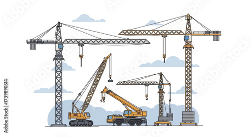 Vector illustration set of different construction cranes.
