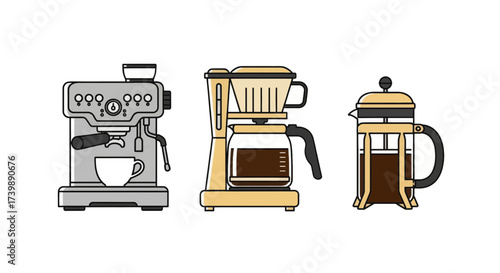 Collection of coffee maker icons including espresso machine drip brewer and french press.