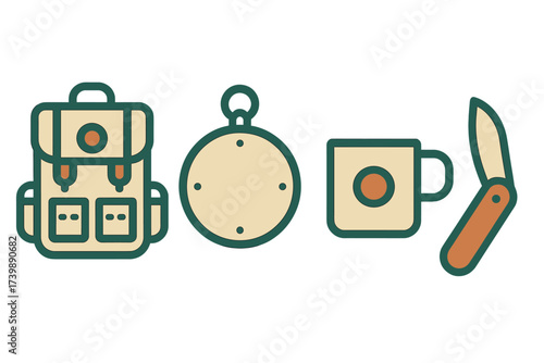 Essential outdoor adventure gear icons including a backpack, compass, camping mug, and pocket knife