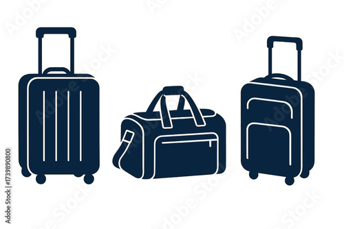 Set of rolling travel suitcases and a duffel bag for vacation and airport transport