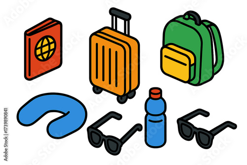 Isometric set of travel and vacation essentials including luggage, passport, and accessories