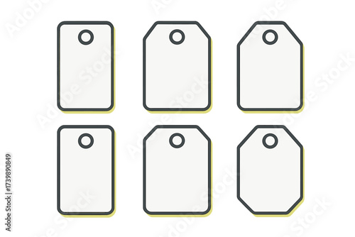 Six blank retail price tags and labels in various shapes with hole punch