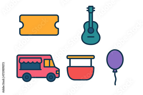 Colorful festival and event symbols: ticket, guitar, food truck, booth, and balloon elements