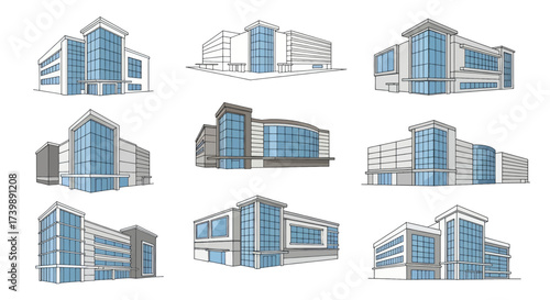 Set of modern architectural building illustrations isolated on white.
