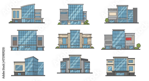 Set of modern commercial building facades with glass windows.