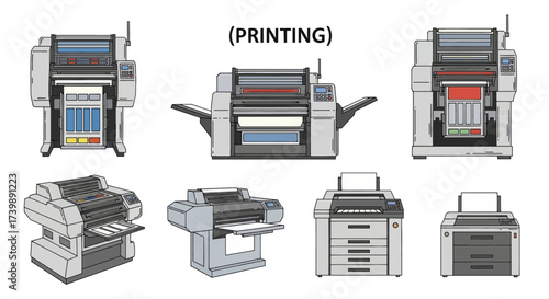 Vector illustration set of various printing machines and office printers.