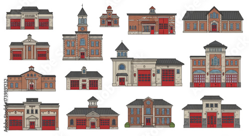 Set of various fire station building illustrations isolated on white.
