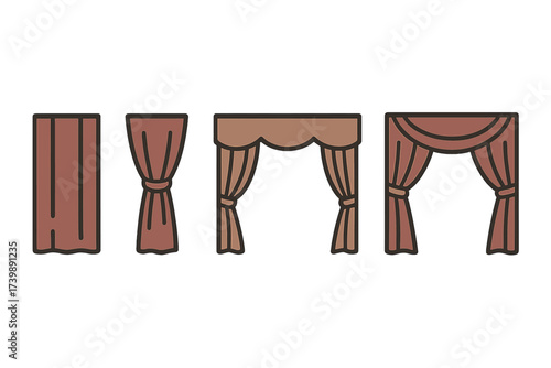 Collection of four brown window treatments including closed drapes, tied back curtains, and decorative valances