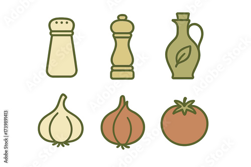 Set of kitchen essentials and cooking ingredients including spices, oil, garlic, onion, and tomato