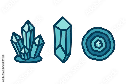 Stylized collection of blue quartz crystal clusters and a single geode slice icon