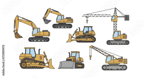 Set of heavy construction machinery vector illustrations.