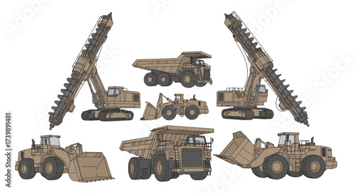 Set of heavy construction and mining machinery illustrations.