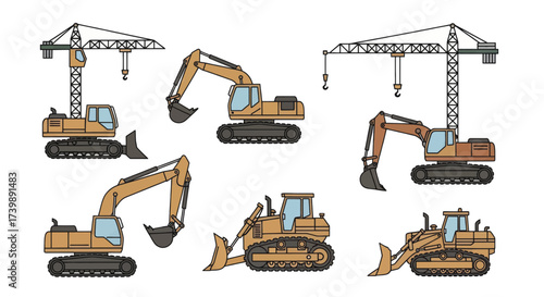 Vector set of heavy construction machinery illustrations including cranes excavators and bulldozers.