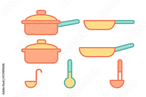Stylized collection of essential kitchen cooking tools and equipment including pots, pans, and ladles