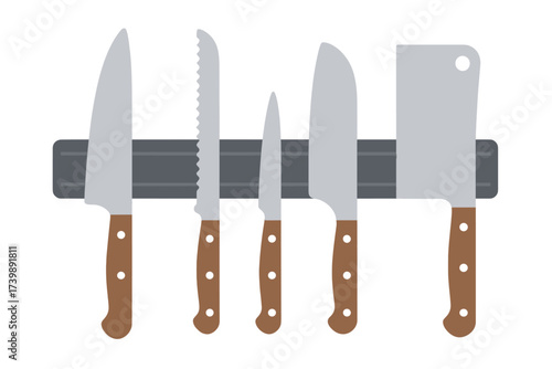 Assortment of professional cooking knives secured to a magnetic wall holder