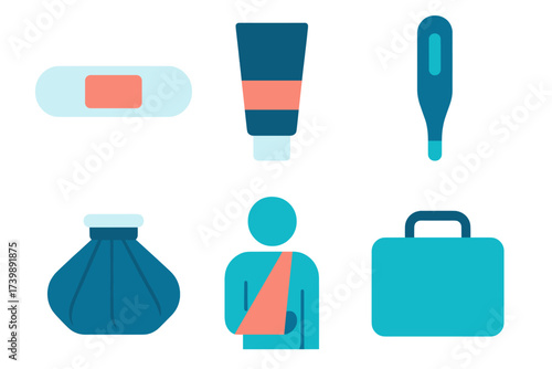 Set of essential medical supplies and first aid icons including thermometer cream and ice pack symbols