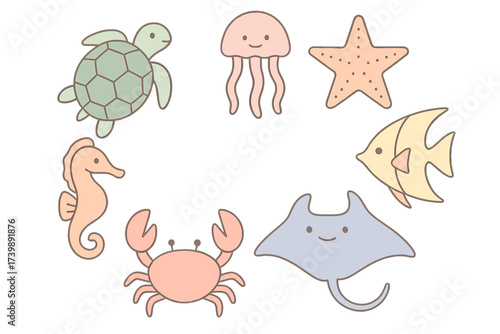 Cute pastel marine animals set featuring turtle jellyfish starfish crab seahorse and ray