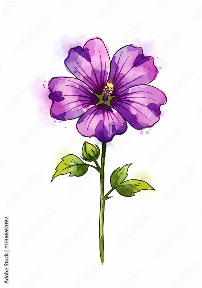 Naklejka premium Watercolor Hibiscus Flower Illustration with Vibrant Purple and Green Hues
