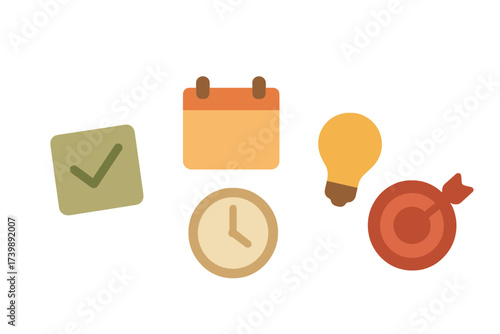 Set of productivity and planning symbols for task completion, scheduling, time, idea, and goal achievement