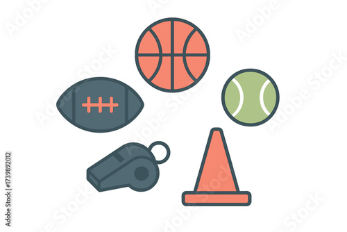 Collection of various sports equipment accessories like basketball, football, and training cone