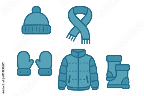Essential winter clothing items set including hat scarf jacket mittens and boots
