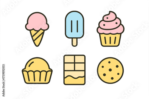 Colorful dessert treats set featuring ice cream, popsicle, cupcake, muffin, and chocolate bar
