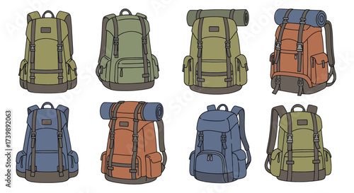 Set of colorful hiking and travel backpacks isolated on white background.