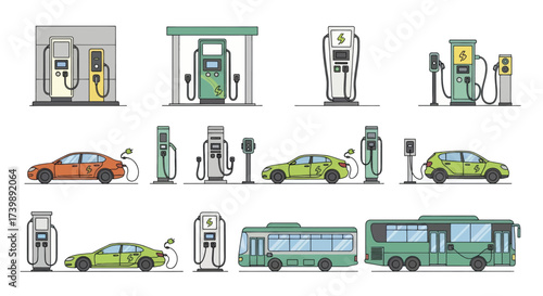 Vector illustration set of electric vehicles and charging stations.