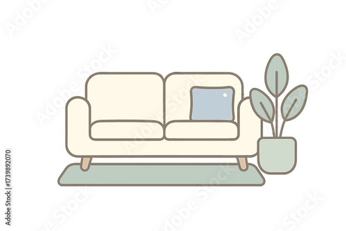 Cozy minimalist two-seater sofa with cushion and potted houseplant on a rug