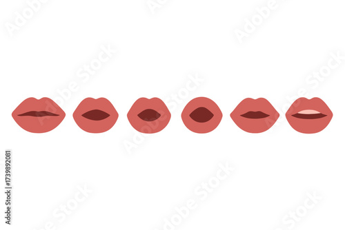Six different human mouth positions showing various lip shapes and expressions
