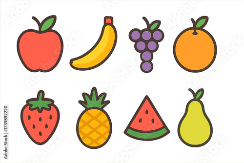 Assortment of popular fresh fruits including apple banana strawberry and watermelon slice