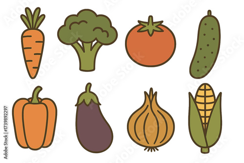 Collection of various fresh healthy vegetables and produce in a simple flat style